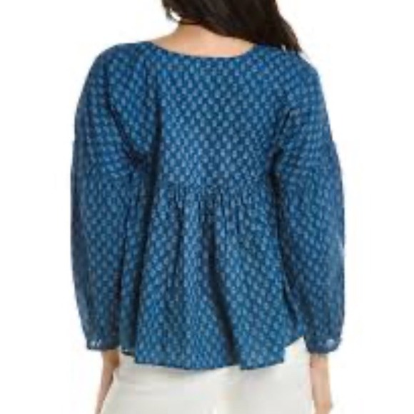 Faherty Lyla Top L Blue Floral 100% Organic Cotton Peplum V-Neck Blouse New - Picture 3 of 7